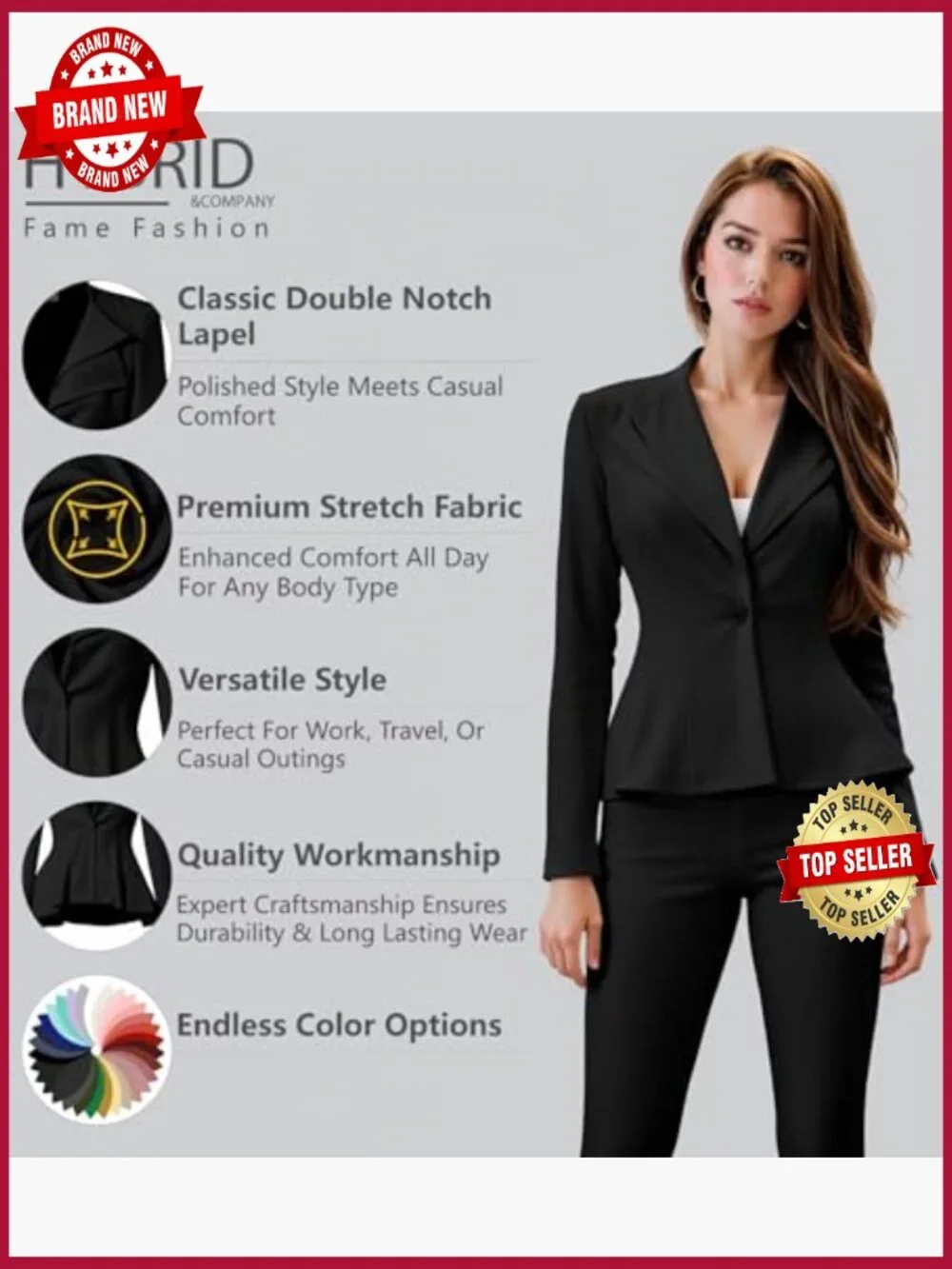 Peplum Blazer - Single Button Notch Lapel - Stretch Fabric Office - Picture 2 of 7